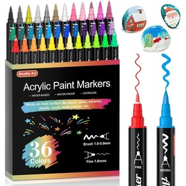 Shuttle Art 28/36/48/60 Colors Dual Tip Acrylic Paint Markers, Brush/dot tip and Fine Tip for Rock Painting, Ceramic, Wood, Canvas, Plastic, Glass, Stone, Calligraphy, Card Making, DIY Crafts - Color: 36 Colors Dot Tip and Fine Tip