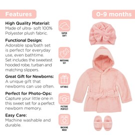 Rising Star Baby Robe Girl, Pink Baby Bathrobe Towel, Slippers & Cap - Bath Robe Spa Set - 1 Year Birthday Gift for Girls