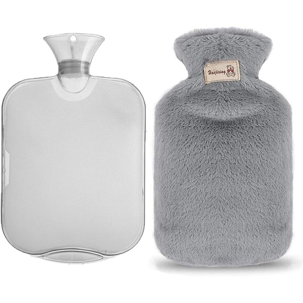 Gsogcax Hot Water Bottle, 2.6 gal (2 L) Capacity, Water Injection Type, Eco Water Filler, With Soft and Warm Cover, Fluffy, Warm, Birthday, Christmas Gift, Gift (Gray)