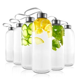 Kitchen Lux 32 oz Glass Water Bottle Set of 6 - Glass Water Bottles Caps & Sleeve, Reusable Glass Bottle Lids, Clear Glass Bottles, Refillable Glass Juice Bottles for Juicing, Juicer Bottles