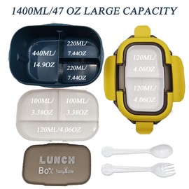 1400ML/47OZ Adult Bento Box, Leak-proof 3 Layers with Handle Portable Lunch Container, Lunch Box for Men and Women, BPA-Free, Microwave/Dishwasher/Freezer Safe, Reusable Snack Container (Blue)