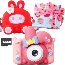 [Wrapping Compatible] [64GB Included Pouch Set] Rabbit Kids Camera Toy for Kids, Domestic Support, 48 Megapixels, 1080P HD, Japanese Instruction Manual, Game Function, Christmas Present, Girls, Pink
