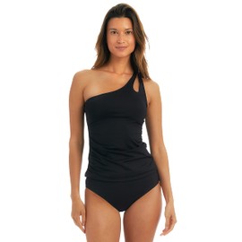 Amavi Women's One Shoulder Tankini Top-Basic Hipster Bikini Bottom Set, Black, X-Large