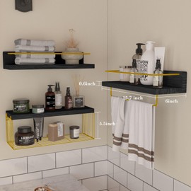 PopiShelves Bathroom Shelves Over Toilet for Wall, Floating Shelves with Storage Basket Paper Holer for Kitchen Living Room, Bedroom & Classroom, Set of 3 (Black and Gold)