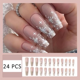 24Pcs Christmas French Tips Press on Nails Long Coffin Fake Nails Glitter Gradient Snowflakes Designs False Nails Nude Glossy Xmas Shiny Full Cover Acrylic Nails for Women Girls DIY Nail Decoration