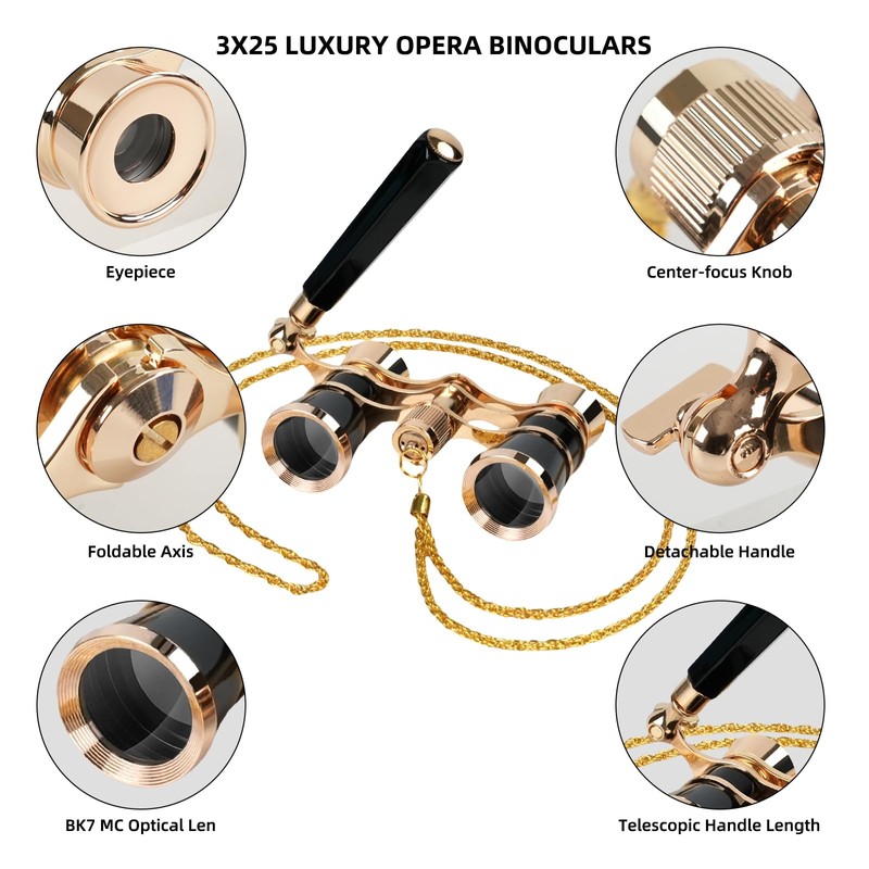 Luxury 3X25 Opera Glasses Binoculars with Adjustable Handle,Chain&Real Magnifying Glass,Optical