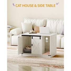 Hzuaneri Cat Litter Box Enclosure, Hidden Litter Box Cabinet Furniture with Cat Bell, Indoor Cat House, Farmhouse Style, 31.5 x 19.7 x 20.9Inches, for Hallway, Bedroom, White CB82414B