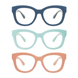 AMOMOMA 3 Pack Retro Oversized Reading Glasses for Women Blue Light Blocking Computer Readers Spring hinge AM6003 with Blue+Brown+Green Frame 0.00 x