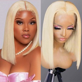 Blonde Lace Front Bob Wigs Human Hair Pre Plucked Glueless 13x4 HD Lace Frontal Wig With Baby Hair 150% Density 613 Color Short Straight Bob Wigs For Black Women (Blonde Bob Wig, 16 Inch)