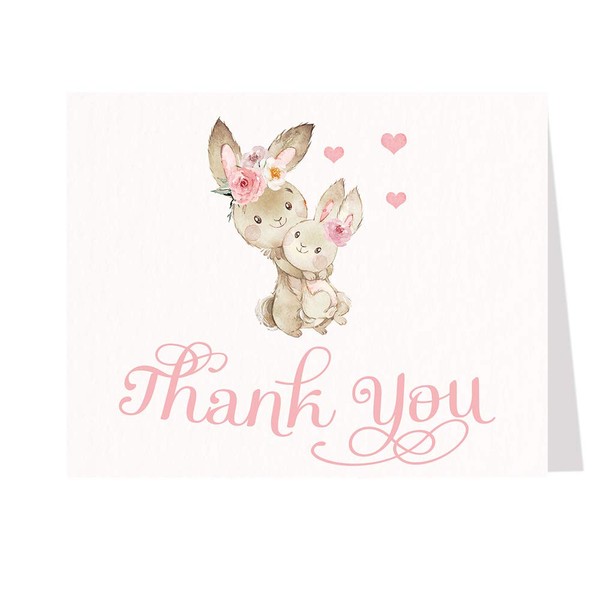 The Invite Lady Bunny Baby Shower Thank You Cards Sweet Little Bunny Rabbit Pink Thanks Printed Thank You Notes (24 Count)
