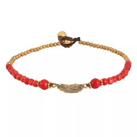 AeraVida Charming Brass Wing with Red Synthetic Coral Beads Handmade Anklet