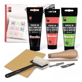 Zyva PrintPro Linocut Deluxe Kit: 3x100ml Ink, Cutter, Rubber Block, Brayer Roller -