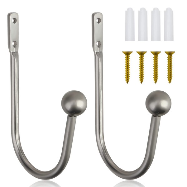 2PCS Metal Curtain Holdbacks, Decorative Curtain Tie Backs Hooks, Wall Mounted Window Curtain Holders with Screws, Heavy Duty U Shaped Arms Tieback for Fixed Curtain and Hanging Clothes (Silver)