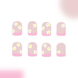 24Pcs Spring Press on Nails Cute Flower Design Fake Nails Pink Nail Tip Acrylic Nails Full Cover Glossy False Nails Short Square Nails Reusable Stick on Nails for Women Girls Spring Summer Nail Art