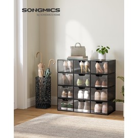 SONGMICS Shoe Boxes, Clear Shoe Organizers, Set of 12, Plastic Shoe Storage with Clear Door, Easy Assembly, up to US Size 13, Transparent Black ULSP032B12