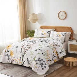 Dobuyly Floral Quilt Set Queen Size, White Botanical Flower Quilt 3 Pieces Reversible Bedspread Coverlet Set, Soft Lightweight Microfiber Bedding Set for All Season, 96"x90"
