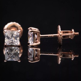 Steelt Knitted Princess Cut Women's Small Iced Rose Gold Plated Pink Stud Cz Earrings