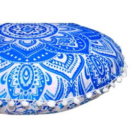 Round Mandala Floor Pillow Cover Seating Cushion Throw Cover Hippie Decorative Bohemian Ottoman Pouf Cover, Pom Pom Pillow Cases,Boho Indian 22 Inches (Red Yellow) (Blue White)
