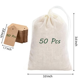 Homum 50 Pcs Muslin Bags with Drawstring and 50 Pcs Gift Tags, 3 x 4 Inch Reusable Spice Bags for Cooking Soup、Herb, Sachet Bags for Loose Tea, Natural Cotton Small Cheese Cloth Bag for Straining
