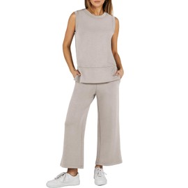 ANRABESS Women's 2 Piece Sets Summer Outfits Sleeveless Wide Leg Tracksuits Casual Sweat Sets Lounge Sweatsuits Light Khaki XX-Large