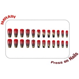 IMRAIN Long Coffin Press on Nails Red Black Gradient Fake Nails Gold Glitter False Nails with Designs Glossy Ballerina Glue on Nails Sparkly Artificial Nails Stick on Nails for Women 24Pcs
