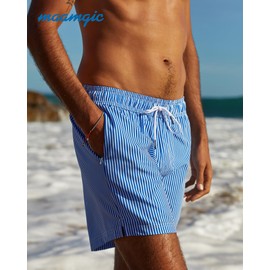 MaaMgic Mens Swim Trunks with Compression Liner 2 in 1 Swimming Shorts Stretch 5.5" Quick Dry Bathing Suits,Blue Striped,Medium