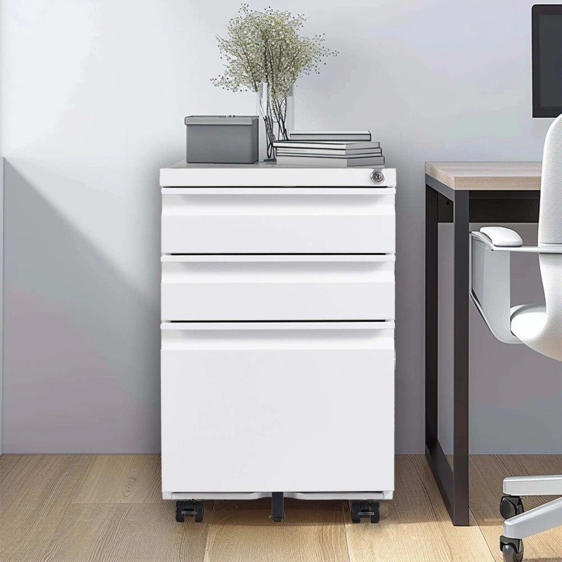 3 Drawer Fully Assembled White Metal Mobile File Cabinet Lock
