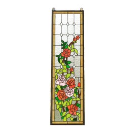 10" x 35.5" Handcrafted Hanging Stained Glass Window Panel Rose Flowers