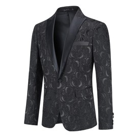 Mens Floral Suit 2 Piece Jacquard 1 Button Peaked Lapel Dinner Jacket Tuxedo Blazer Pants Black