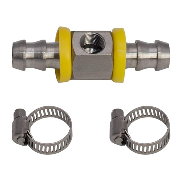 GlowShift 3/8” Fuel Line Fuel Pressure Barbed Push Lock T-Fitting Adapter - 1/8-27 NPT Sensor Port - 304 Stainless Steel - Fits Hose with 9.5mm ID Inner Diameter - Includes Clamps
