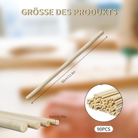 Bliceon Pack of 90 Wooden Sticks for Crafts, Round, Diameter 5 mm x 30 cm for Crafts, Model Making, DIY Projects and Creative Decoration Ideas, Natural Wooden Sticks for Craftsmen and Hobby Craftsmen