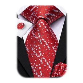 Hi-Tie Men's Christmas Tie Set Tie Pocket Square Cufflinks Set Match Reindeer Snowflake Xmas Tree Pattern for Wedding Prom, Red Candy Cane