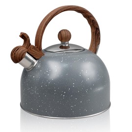 3 Liter Whistling Stainless Steel Tea Kettle with Wood Grain Anti Heat Handle, Cylindrical Wood Grain Stainless Steel Cover, (3.2 Quart, Beige)