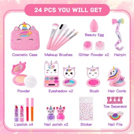 Kids Washable Makeup Sets for Girls Real Make Up Kits Toys Toddler Children Princess Dress Up Birthday Toy for 3 4 5 6 7 8 9 10 11 12 Years