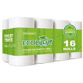ECOLipak Bamboo Toilet Paper, Septic Safe Toilet Tissue, 16 Double Rolls, 320 Sheets Per Roll, Tree Free, Non Toxic, 2 Ply, Soft and Absorbent, Eco Friendly Dye-Free Paper
