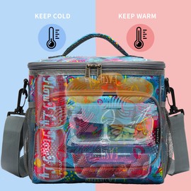 FlowFly Insulated Reusable Lunch Bag Adult Large Lunch Box for Women and Men with Adjustable Shoulder Strap,Front Zipper Pocket and Dual Large Mesh Side Pockets,Heart