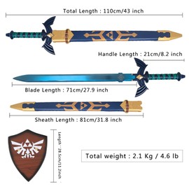 wuton Legend of Master Sword,Full Metal Link Sword Real,1:1 Replica Stainless Steel Blue Blade,43" Role Playing Props Collectible