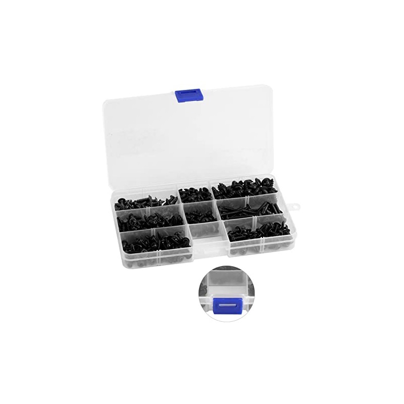 340Pcs Flange Self Tapping, Black Galvanised Screws Large Flange Head