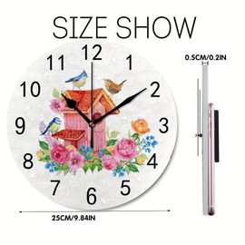 Hapuxt Wall Clock PVC Non Ticking Silent Farmhouse Bird Flower Watercolor Round Battery Operated Home Decorative Kitchen Office Living Room Bedroom 9.8 Inch