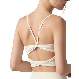 Womens Sports Bra Durable Strappy Workout Top Medium Support Padded Crop Tops, Tank Tops, Ivory White S