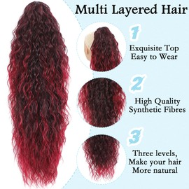LEDIZE Ponytail Extension, Claw Clip on Pony tails Hair Extension for Women 28 Inch Long Wavy Curly Fake Ponytail Clip in Hair Pieces for Women Fluffy Natural Looking (Omber Burgundy, 28 Inch)