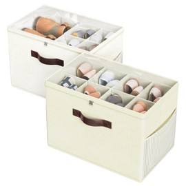 Budding Joy 2 Pack Shoe Organizer for Closet, Clear Foldable Shoe Storage Containers Adjustable Dividers Fits 16 Pairs,Shoe Storage Bins Baskets Boxes with Reinforced Handles Beige Yellow Beige