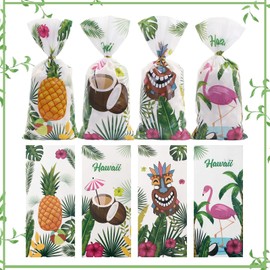 Hawaiian Luau Cellophane Treat Bags, 100pcs Flamingo Coconut Pineapple Palm Tree Print Summer Tropical Aloha Themed Goodie Bags Plastic Candy Clear Gift Party Favor Bags for for Holiday Hawaii