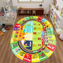 AKASISRUG ABC Kids Rug Fluffy Oval 59"×78.7" Plush Educational Playmat Rug Carpet, Alphabet Animal Number Month Season Non-Slip TPR Early Learning Rug for Playroom Game Area Playmat for Tummy Time