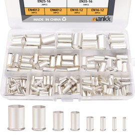 mankk 166 Pcs Wire Ferrules Kits Silver Plated Copper Crimp Terminal Connector 8 Sizes AWG (1/0 2/0 2 4 6 8 10 12) Sleeves Insulated Cord Pin End Terminal M-020