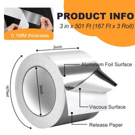 DGSL Aluminum Foil Tape, 3in x501ft(3.9 mil)-3 Pack Silver Metal High Temperature Heavy Duty HVAC Tape for Ductwork, Sealing, Patching, HVAC