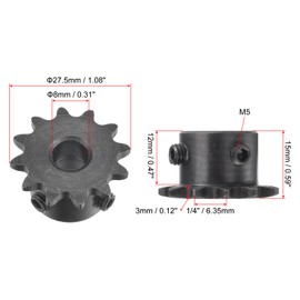 sourcing map #25 Chain Roll Gear 8 mm Bore 1/4 Inch Distance 12 Teeth Single Beach Chain Sprocket C45 Carbon Steel 25 Roll Chain Sprocket with Set Screws for ISO 04C Chain Pack of 2
