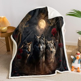 AILONEN Wolf Fleece Sherpa Blanket,Red Rose Wolves Throw Blanket, 78 x 59 Inches Blanket Moon Wolf in The Forest,Cozy Soft Warm Safari Animals Theme Blanket for Bed Couch,Boys Girls Blanket
