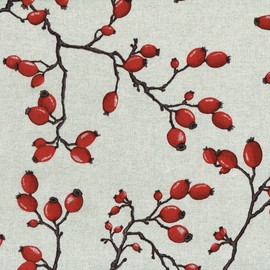 Rose Hips fabric - rich ruby red fruit on charcoal brown stems printed on a natural linen-coloured base cloth - French Designer Fabric 155 cm (61 inches) wide | Sold by the half metre (½ metre) increment