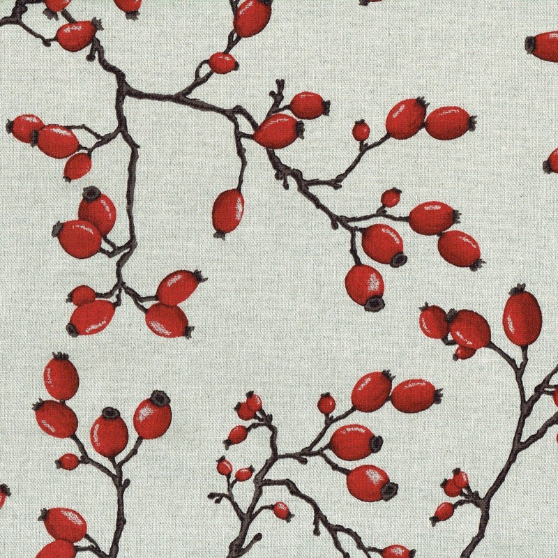 Rose Hips fabric - rich ruby red fruit on charcoal